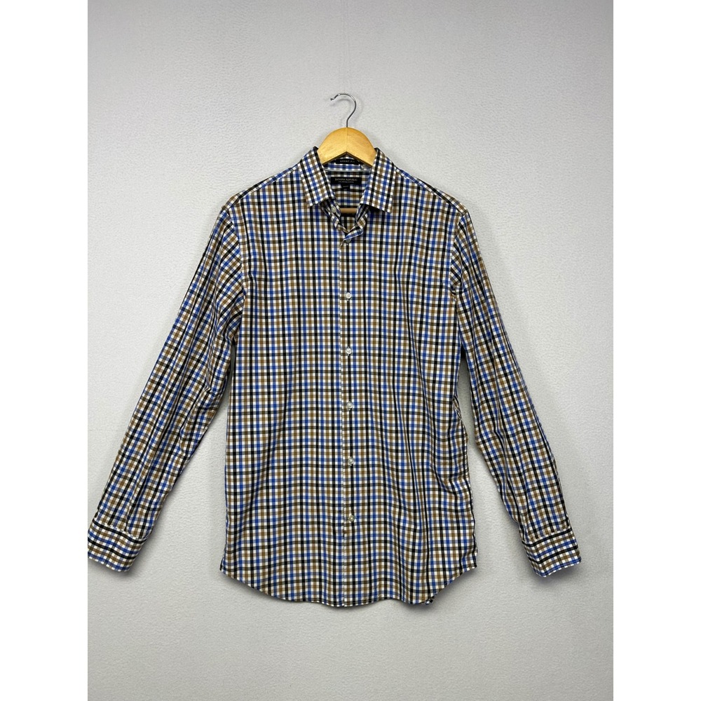 Business Casual Preppy Banana Republic Mens M Blue Brown Gingham Grant Fit Shirt